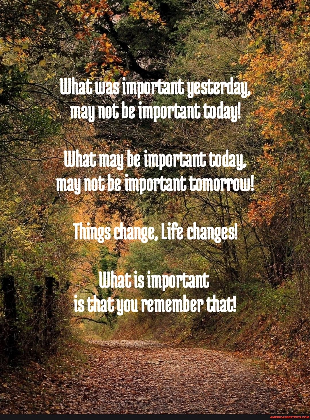 What was important yesterday, may not be important today!
What may be important today, may not be important tomorrow!
Things change, Life changes!
What is important is that you remember that!