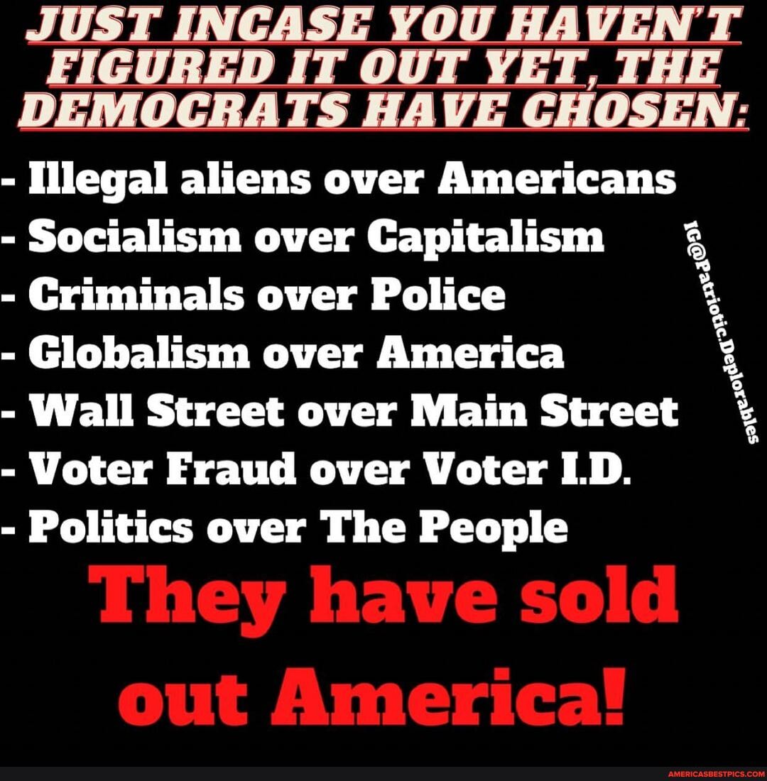 JUST AS YOU HAVEN'T FIGURED IT OUT YET, THE DEMOCRATS HAVE CHOSEN:
- Illegal aliens over Americans
- Socialism over Capitalism
- Criminals over Police
- Globalism over America
- Wall Street over Main Street
- Voter Fraud over Voter LD.
- Politics over The People