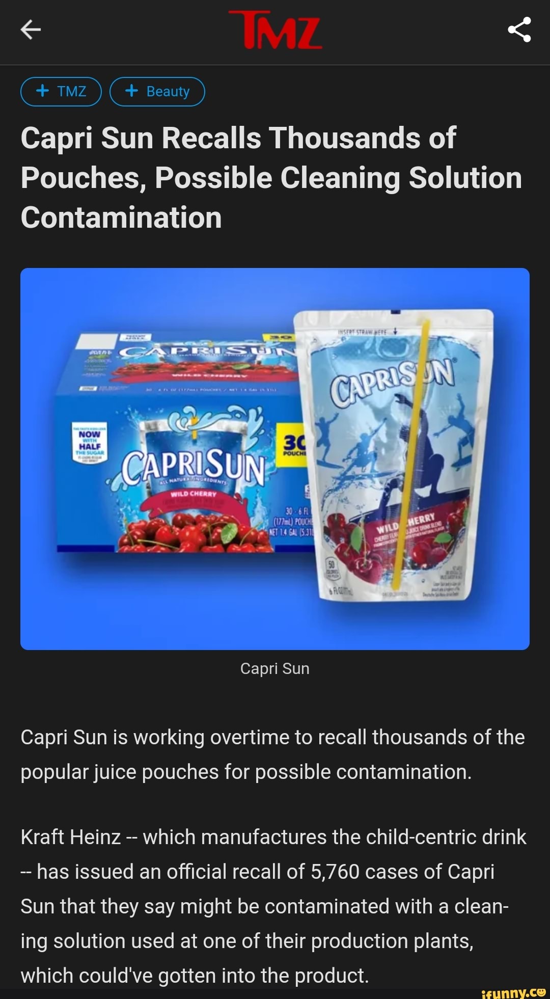 Capri Sun recalls thousands of pouches for possible cleaning solution  contamination