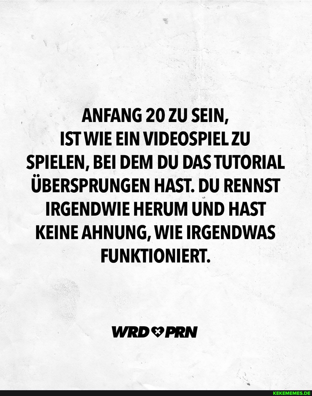 ANFANG 20 ZU SEIN,
ISTWIE EIN VIDEOSPIEL ZU SPIELEN, BEI DEM DU DAS TUTORIAL ÜBERSPRUNGEN HAST. DU RENNST IRGENDWIE HERUM UND HAST KEINE AHNUNG, WIE IRGENDWAS FUNKTIONIERT.
WRDYPRN