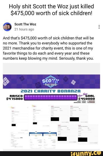 Holy shit Scott the Woz just killed $475,000 worth of sick children ...