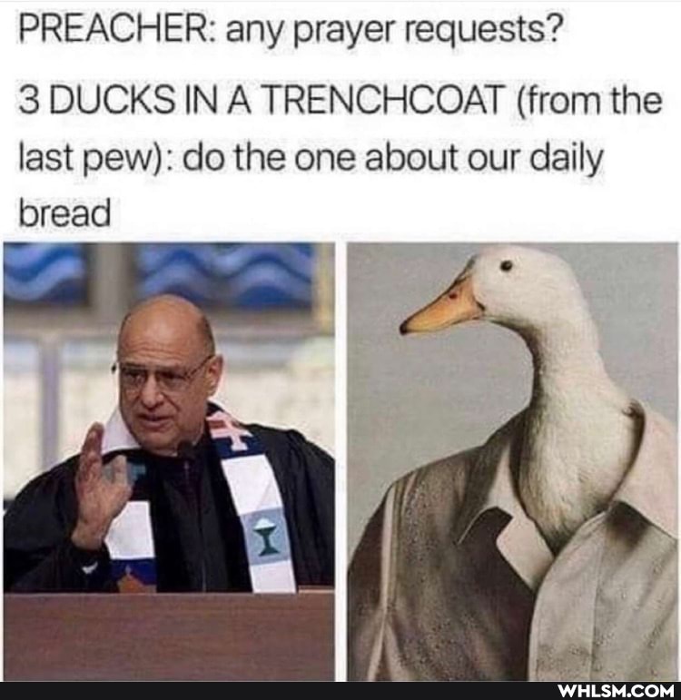 PREACHER: any prayer requests?
3 DUCKS IN A TRENCHCOAT (from the last pew): do the one about our daily bread