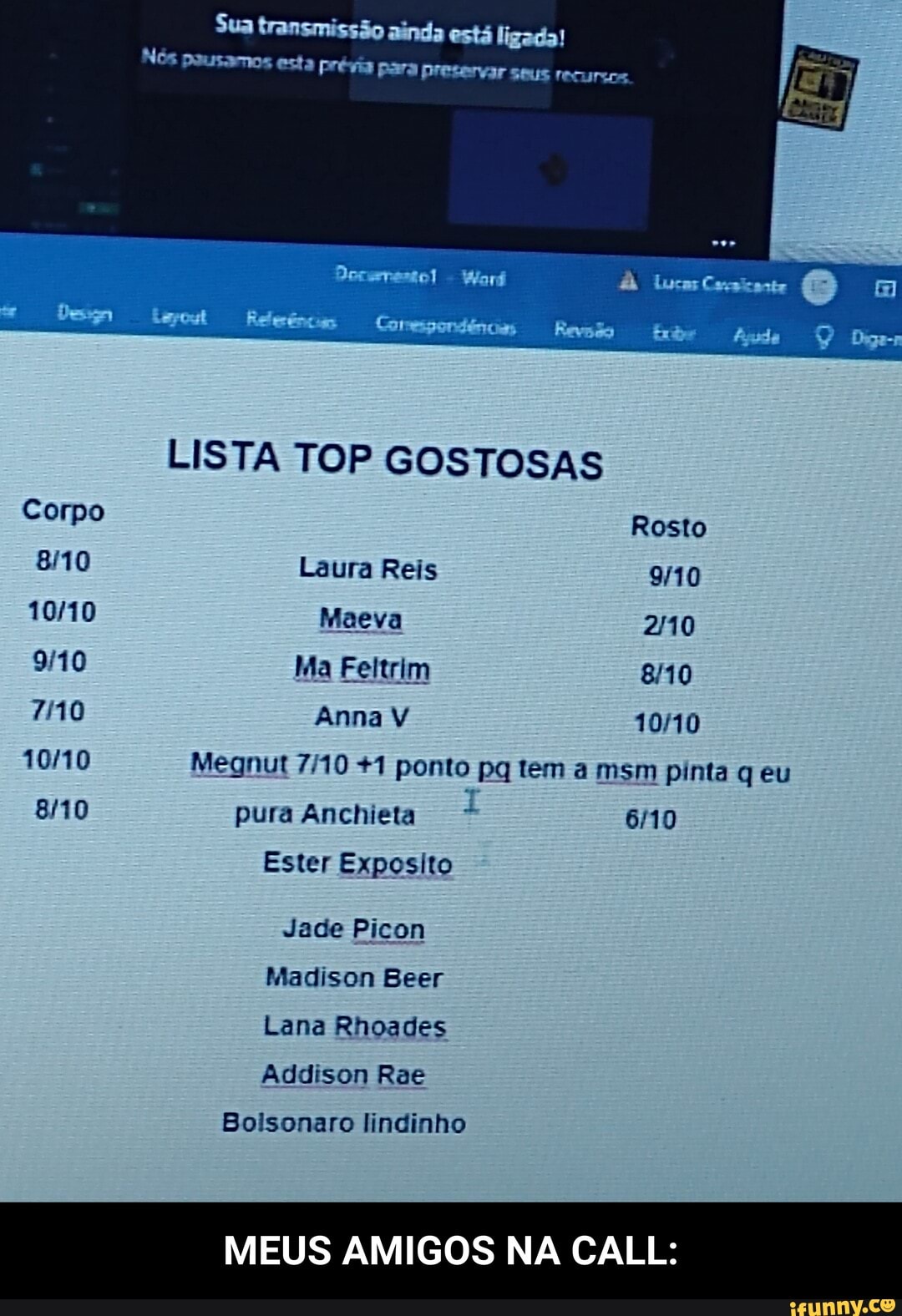 Sua transmissão ainda está ligada!
Nós pausamos esta prévia para preservar seus recursos
LISTA TOP GOSTOSAS Corpo
Rosto
810 Laura Reis
Maeva
910 Ma Feltrim 810
Anna
Megnut 710 *1 ponto pq tem a msm pinta qeu
pura Anchieta
Ester Exposito
Jade Picon
Madison Beer
Lana Rhoades
Addison Rae
Boisonaro lindinho
MEUS AMIGOS NA CALL: - MEUS AMIGOS NA CALL: