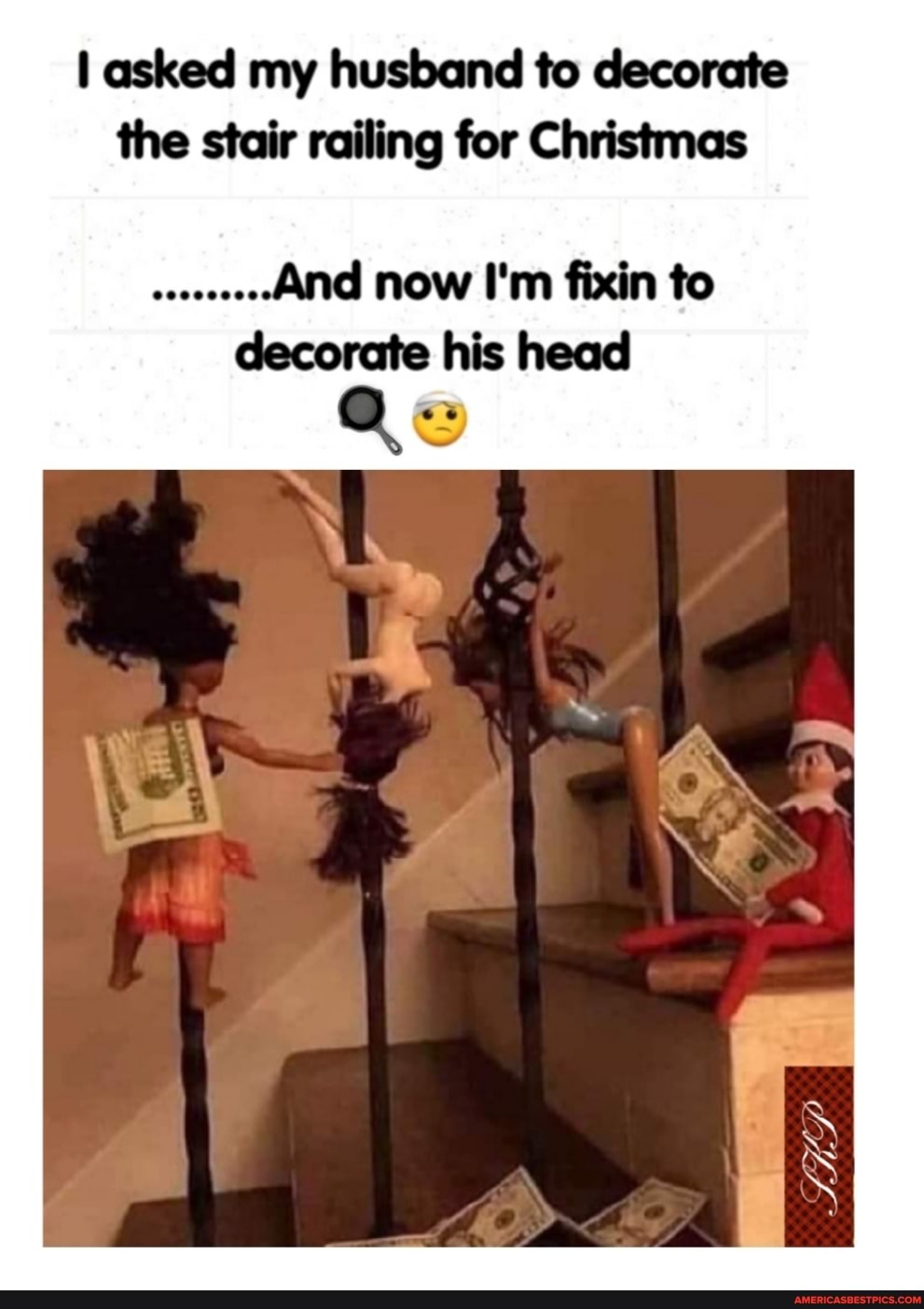 asked my husband to decorate the stair railing for Christmas
And now I'm fixin to decorate his head
os