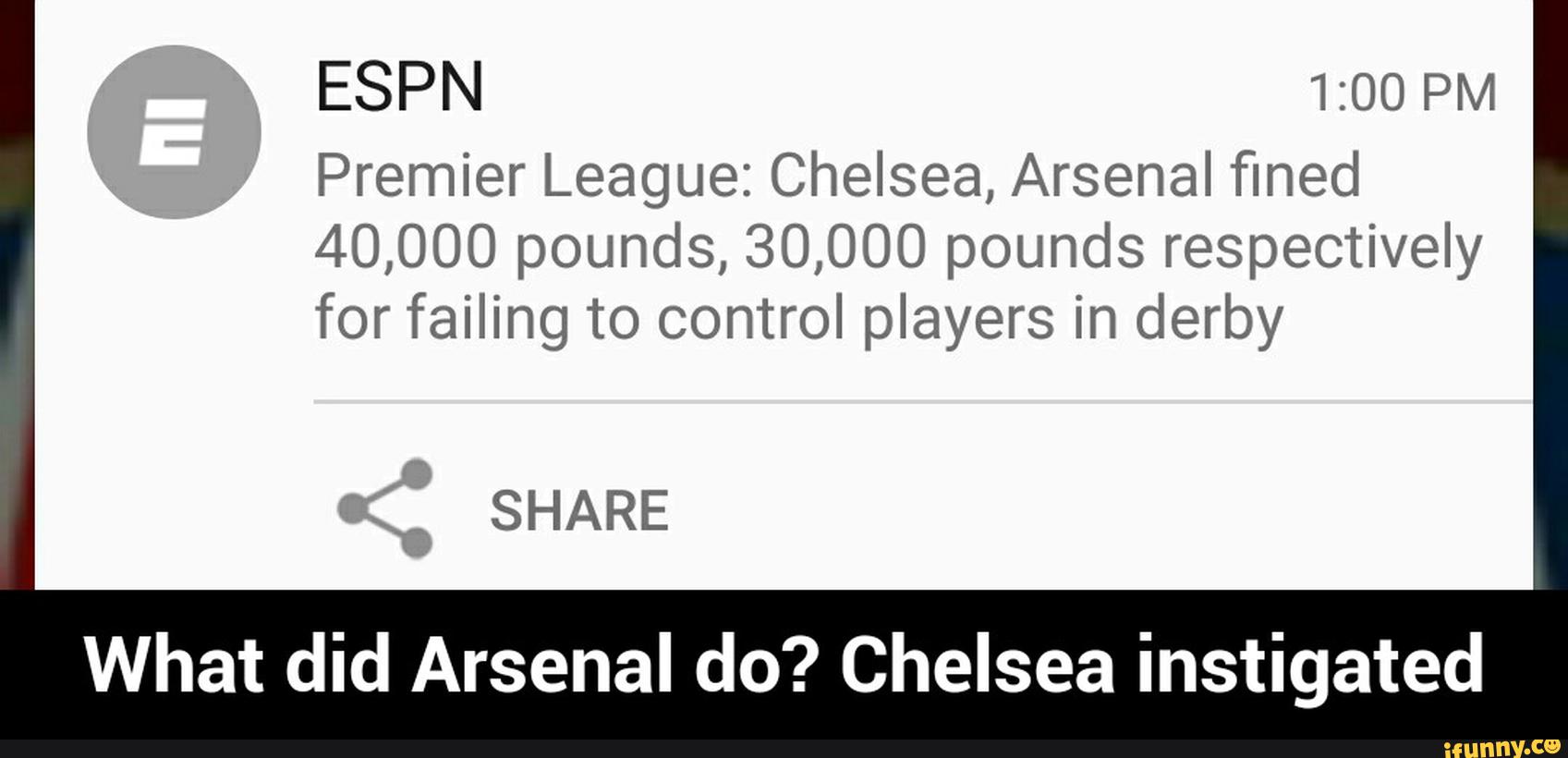 ESPN 1:00 PM
Premier League: Chelsea, Arsenal fined
40,000 pounds, 30,000 pounds respectively
for failing to control players in derby
SHARE
What did Arsenal do? Chelsea instigated - What did Arsenal do? Chelsea instigated