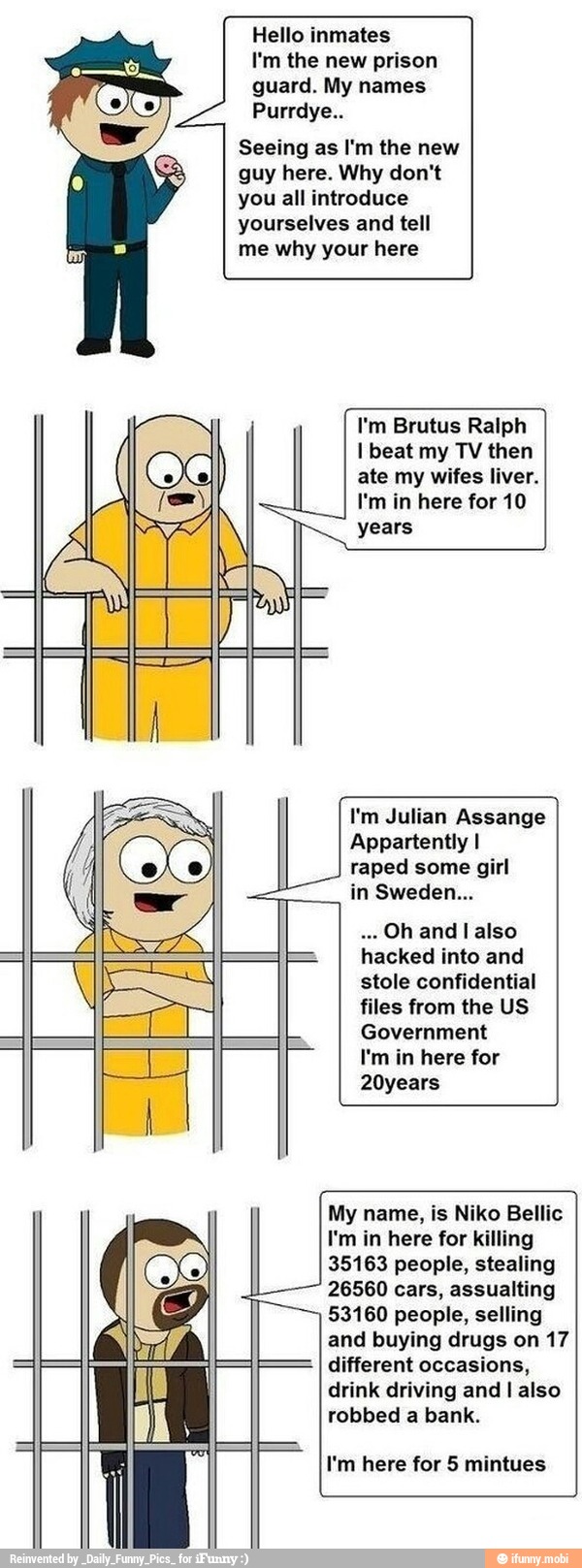 Hello inmates
I'm the new prison
guard. My names
Purrdye..
Seeing as I'm the new
guy here. Why don't
you all introduce
yourselves and tell
me why your here
I'm Brutus Ralph
I beat my TV then
ate my wifes liver.
I'm in here for 10
years
I'm Julian Assange
Appartently I
raped some girl
EEC
Oh and I also
hacked into and
stole confidential
files from the US
Government
I'm in here for