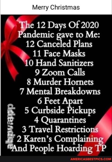 Christmas
'Dhe 12 Days Of 2020 fandemic gave to Me:
12 Canceled Plans
11 Face Masks
10 Hand Sanitizers
9 Zoom Calls
8 Murder Hornets
7 Mental Breakdowns
6 Feet Apart
5 Curbside Pickups
4 Quarantines
3 Travel Restriction
2 Karen's And People Comp! Hoarding ng d People