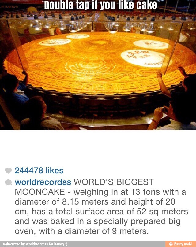 worldrecordss WORLD'S BIGGEST
MOONCAKE weighing in at 13 tons with a
diameter of 8.15 meters and height of 20
cm, has a total surface area of 52 sq meters
and was baked in a specially prepared big
oven, with a diameter of 9 meters.