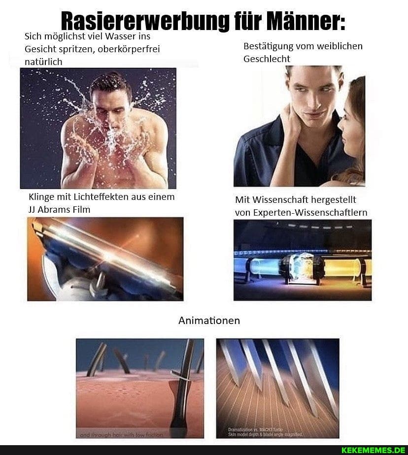 Sich möglichst viel Wasser ins
Gesicht spritzen, oberkörperfrei Bestätigung vom weiblichen natürlich
Geschlecht
natürlich
Klinge mit Lichteffekten aus einem Mit Wissenschaft hergestellt
'Abrams Film von Experten- Wissenschaftlern
Animationen