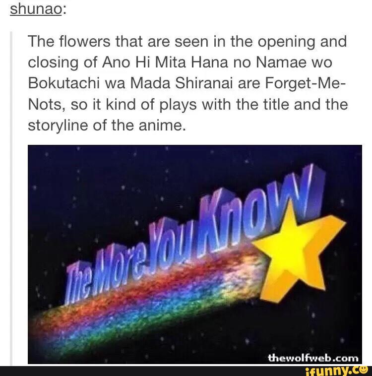 shunao:
The flowers that are seen in the opening and
Closing of Ano Hi Mita Hana no Namae wo
Bokutachi wa Mada Shiranai are Forget-Me-
Nots, so it kind of plays with the title and the
storyline of the anime.