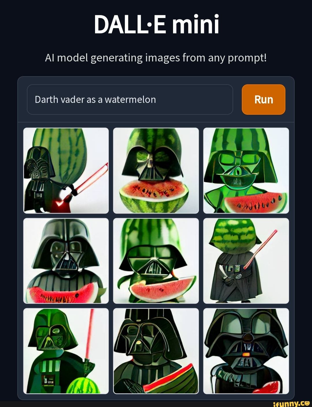 DALE mini Al model generating images from any prompt! Darth vader as a