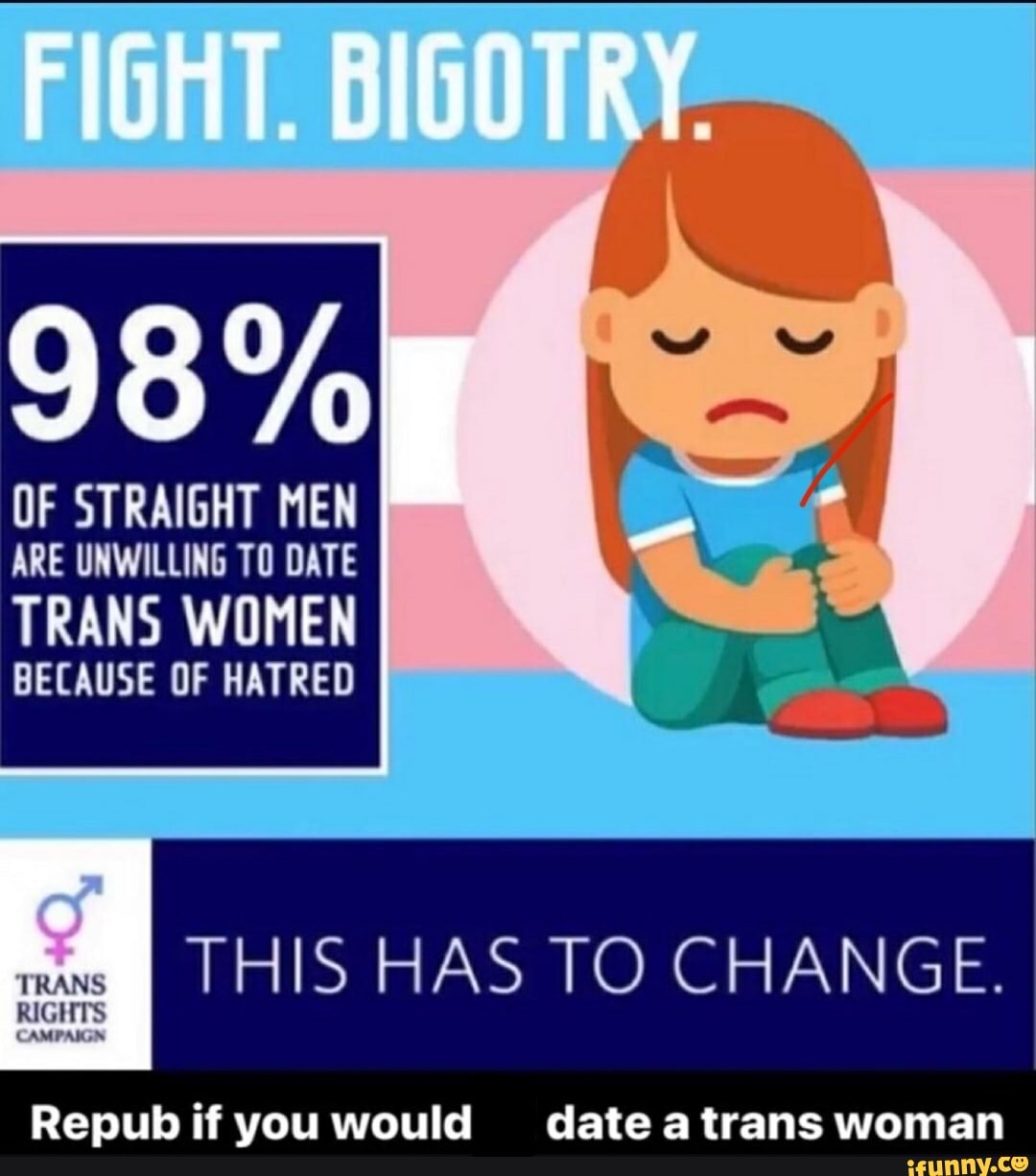 FIGHT. BIGOTRY
98%
OF STRAIGHT MEN ARE UNWILLING TO DATE
TRANS WOMEN BECAUSE OF HATRED
I THIS HAS TO CHANGE.
Repub if you would date trans woman