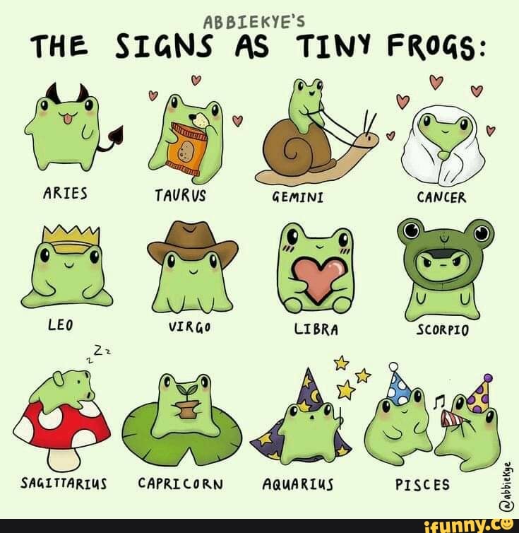 ABBLEKYE'S
THE SIGNS AS TINY FROGS:
We
ARIES TAURUS GEMINI CANCER
SCORPIO
SAGITTARIUS CAPRLCORN AQUARLUS
PISCES
Qabbiekye