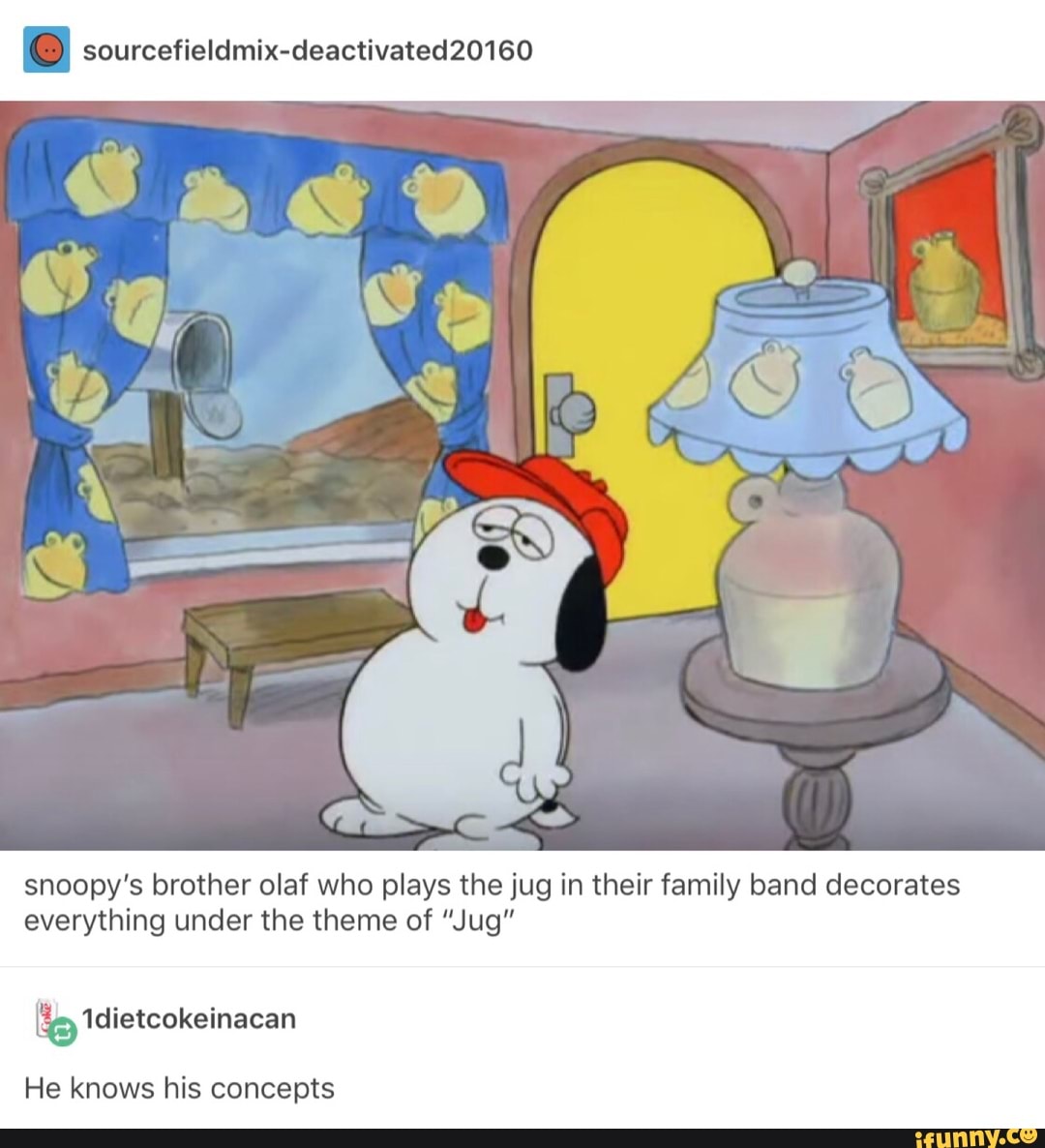 Sourcefieidmix Deactivated160 Snoopy S Brother Olaf Who Plays The Jug In Their Family Band Decorates Everything Under The Theme Of Jug