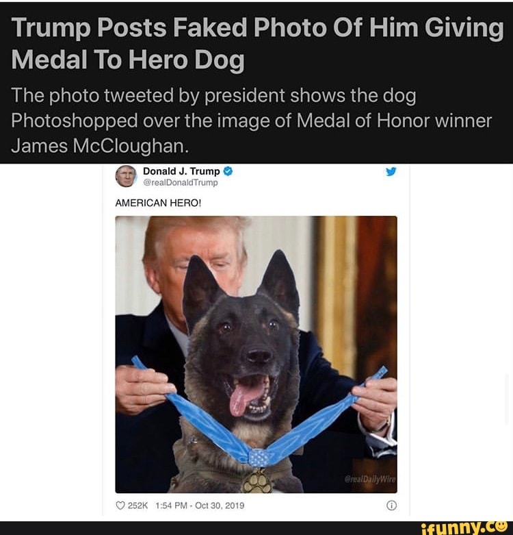 Trump Posts Faked Photo Of Him Giving Medal To Hero Dog The photo