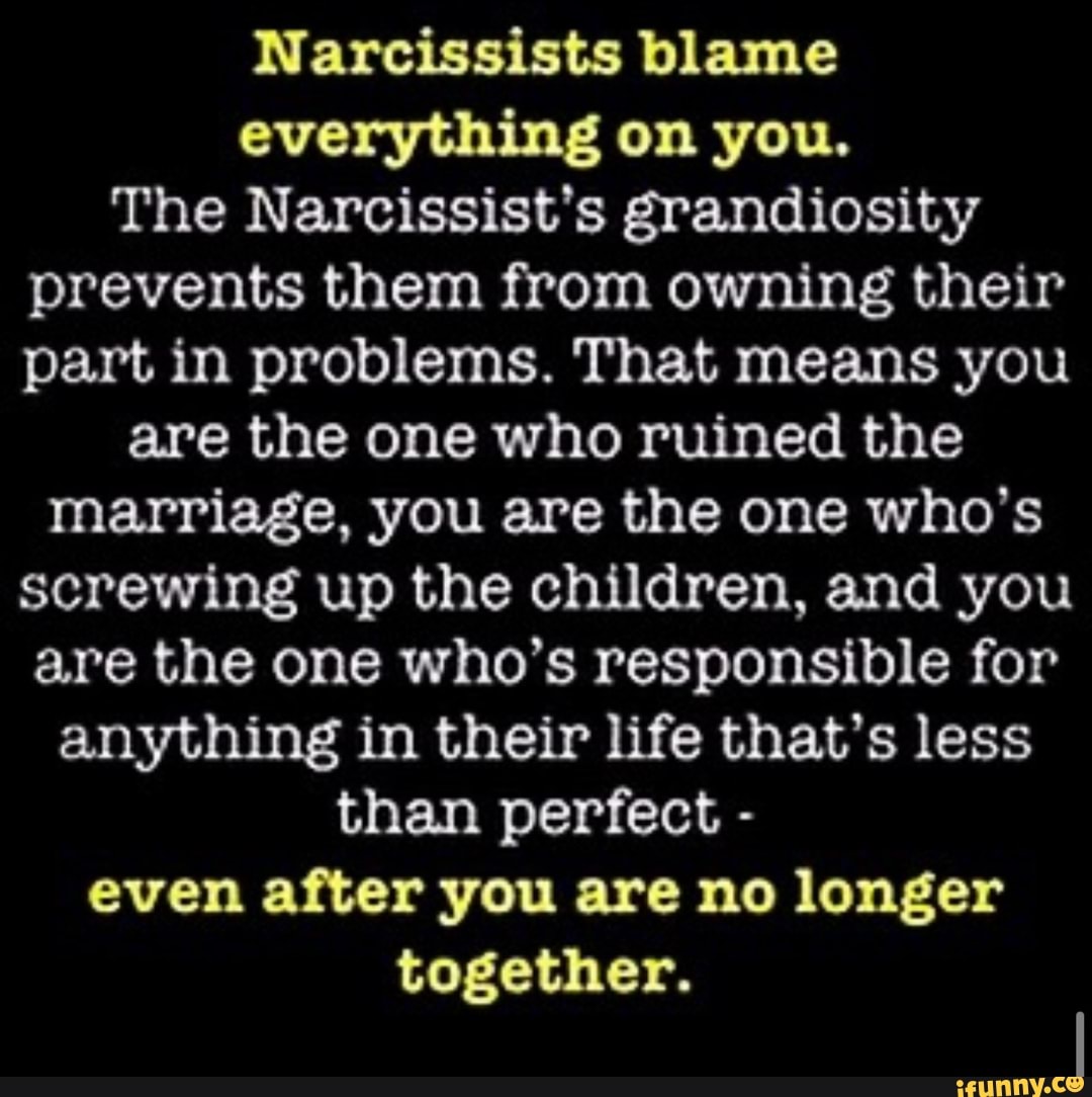 Narcissists blame
everything on you.
The Narcissist's grandiosity
prevents them from owning their
part in problems. That means you
are the one who ruined the
marriage, you are the one who's
screwing up the children, and you
are the one who's responsible for
anything in their life that's less
than perfect even after you are no longer
together.