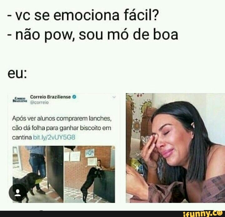 vc se emociona fácil?
não pow, sou mó de boa
Após ver alunos comprarem lanches,
cão dá folha para ganhar biscoito em
cantina bit ly/2vuY5G8