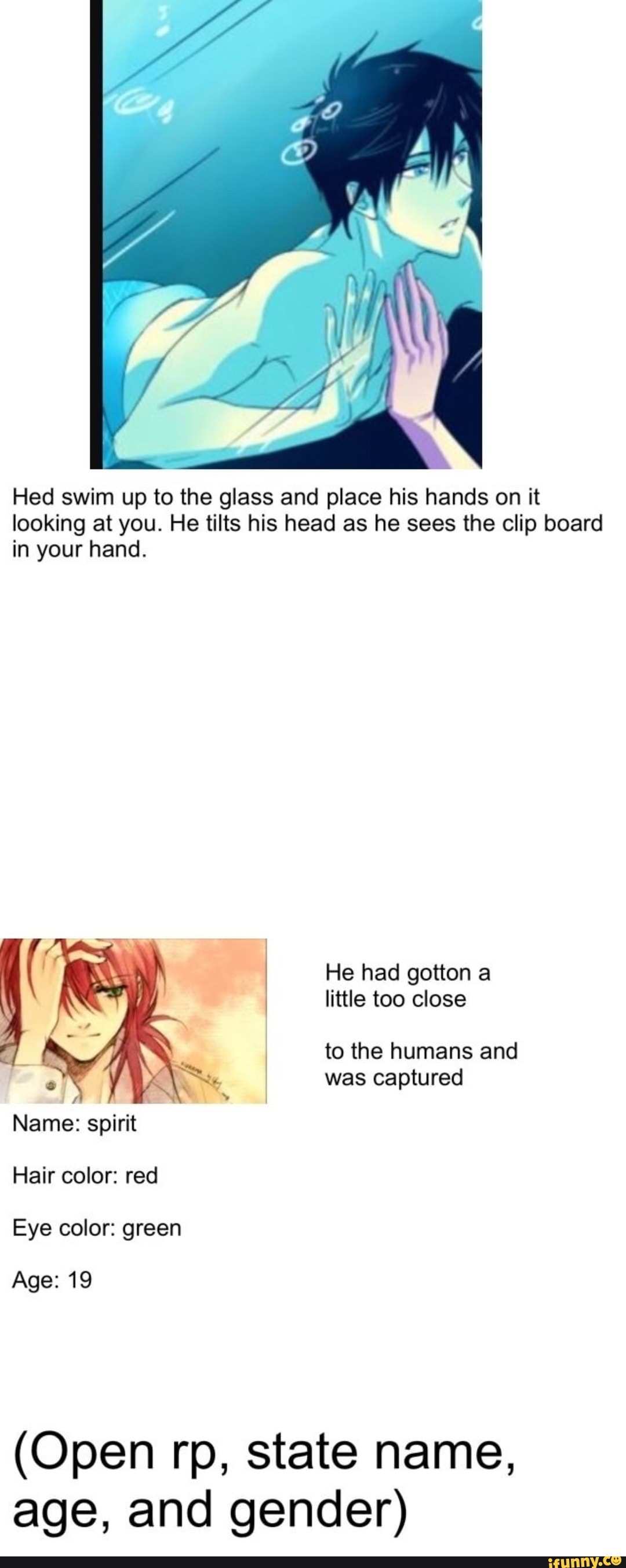 Hed swim up to the glass and place his hands on it looking at you. He tilts his head as he sees