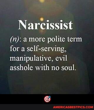 Narcissist
(n): more polite term
for a self-serving, manipulative, evil asshole with no soul. - 🎯
