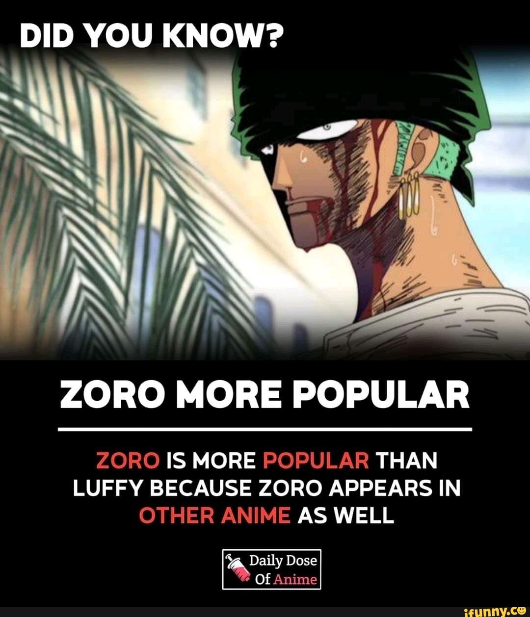 DID YOU KNOW? ZORO MORE POPULAR ZORO IS MORE POPULAR THAN LUFFY BECAUSE ZORO APPEARS IN OTHER