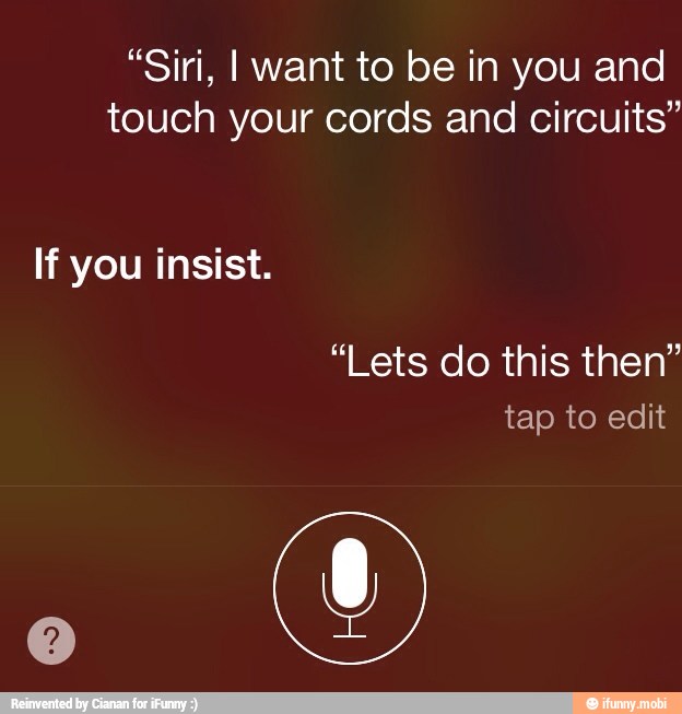 "Siri, I want to be in you and
touch your cords and circuits"
If you insist.
"Lets do this then"
tap to edit