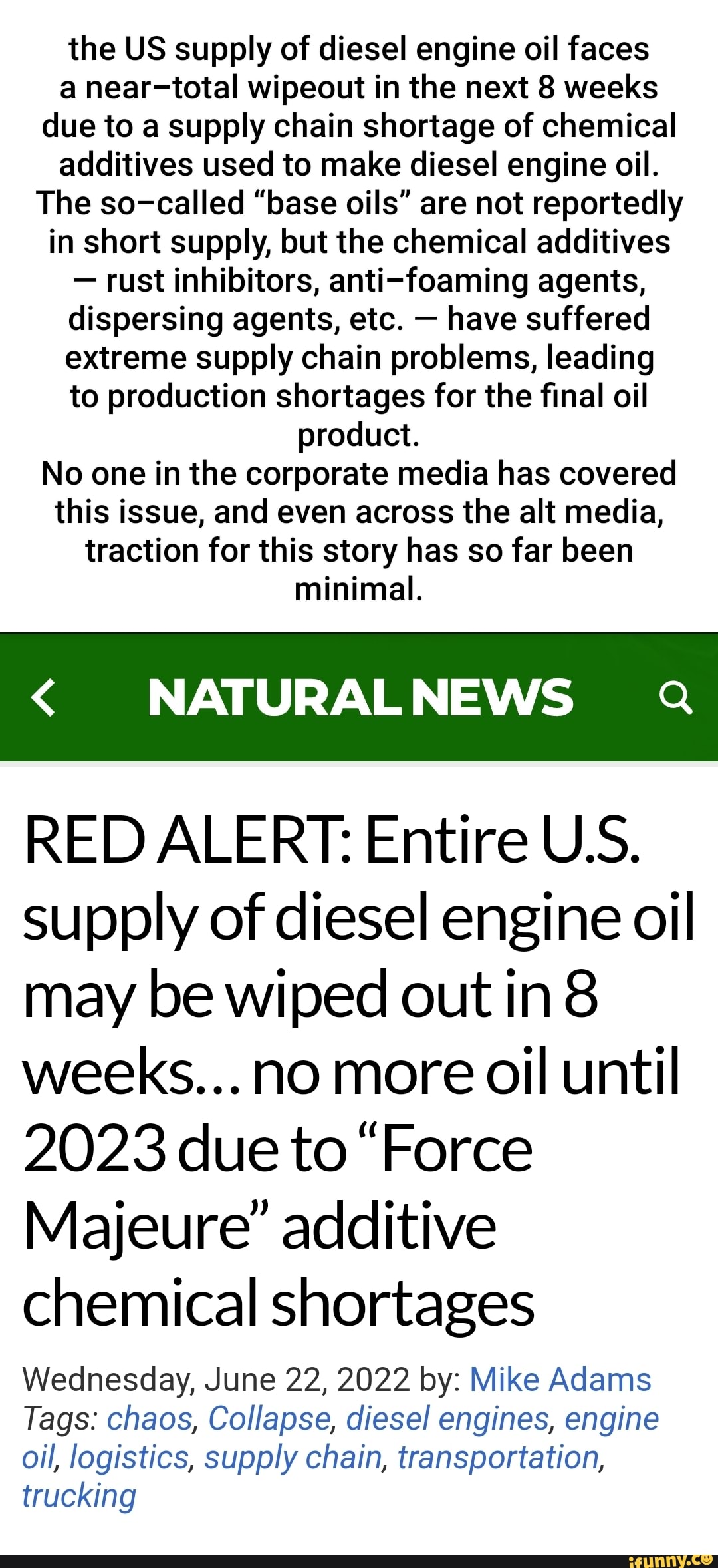 The US supply of diesel engine oil faces a neartotal wipeout in the