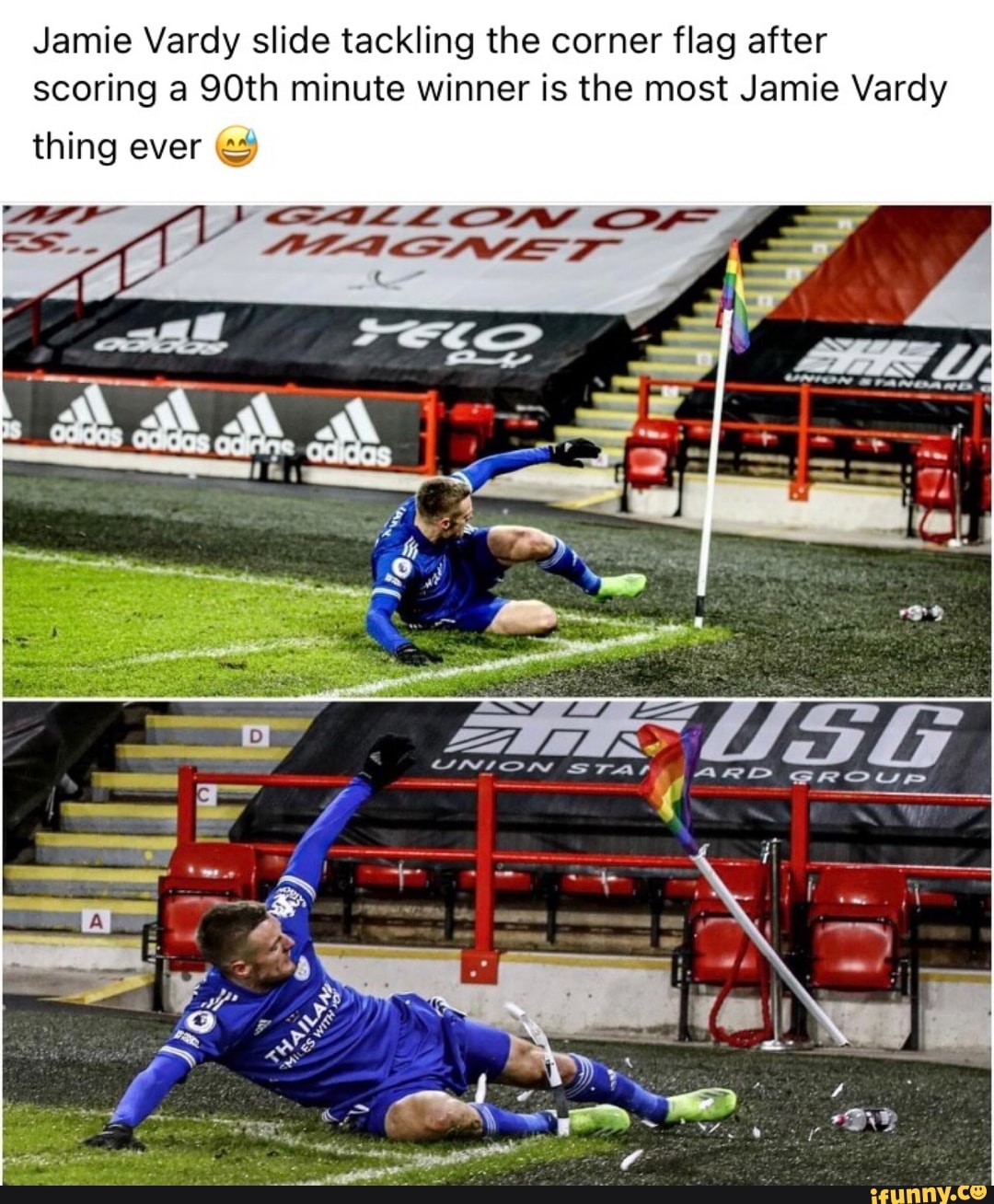 Jamie Vardy slide tackling the corner flag after scoring a 90th minute ...