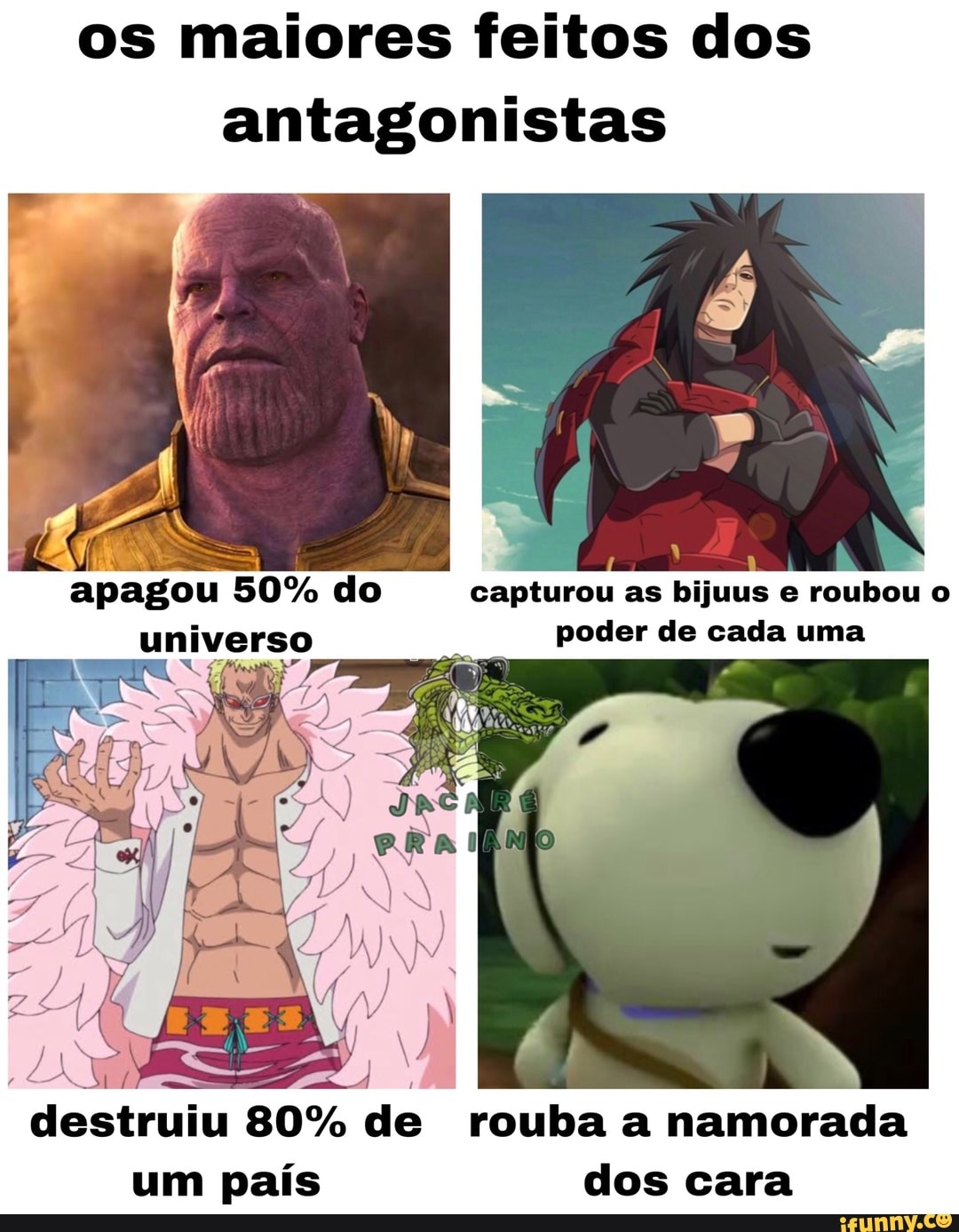 os maiores feitos dos antagonistas
po
apagou 50% do capturou as bijuus e roubou o universo poder de cada uma
destruiu 80% de rouba a namorada um país dos cara