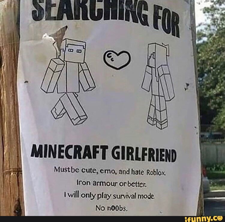 Minecraft Girlfriend Mustbe Cute Emo And Hate Roblox Iron Armour Or Better I Will Only Play Survival Mode No Noobs Ifunny - roblox noob gets a girlfriend