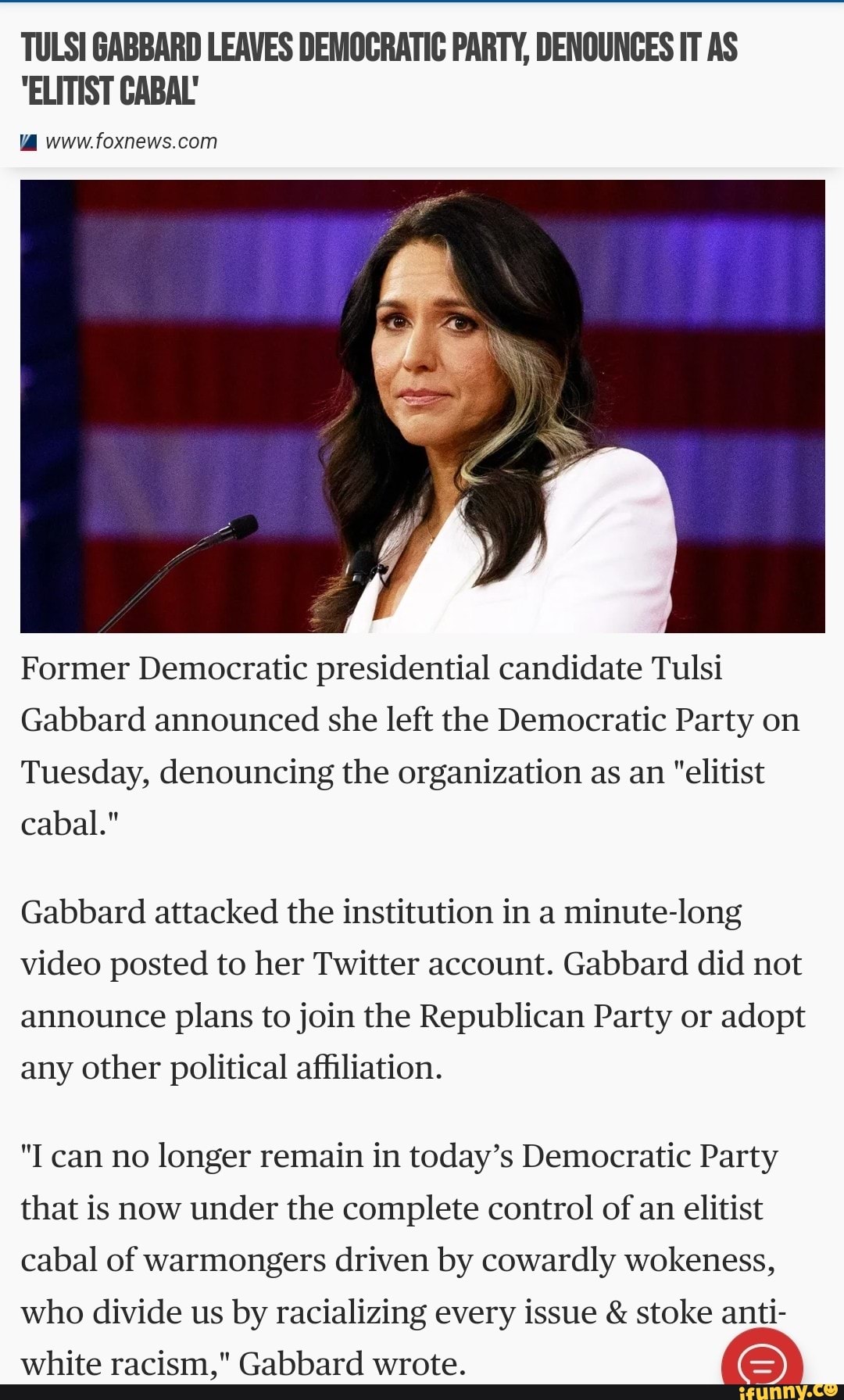 TULSI GABBARD LEAVES DEMOCRATIC PARTY, DENOUNCES IT AS "ELITIST CABAL ...