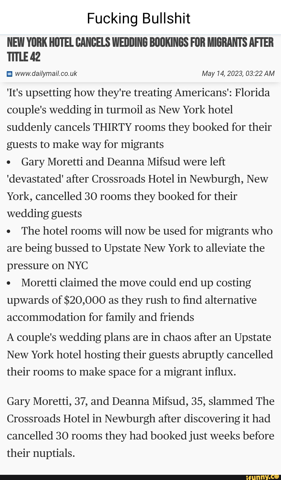 Gary Moretti Fucking Bullshit NEW YORK HOTEL CANCELS WEDDING BOOKINGS FOR MIGRANTS ...