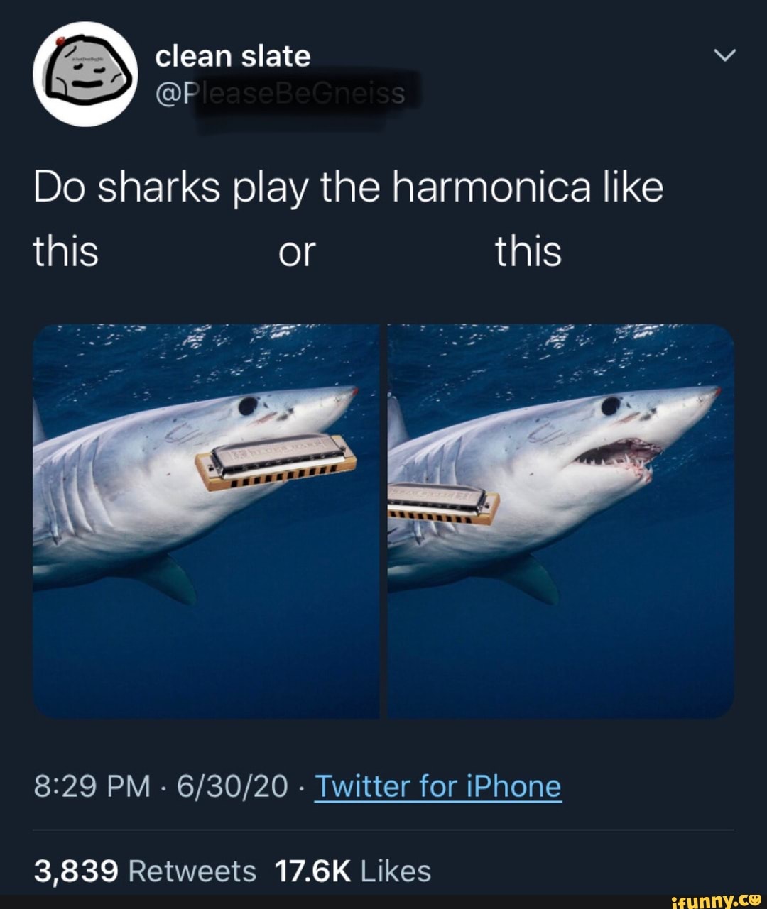 Do sharks play the harmonica like
8:29 PM
Twitter for iPhone