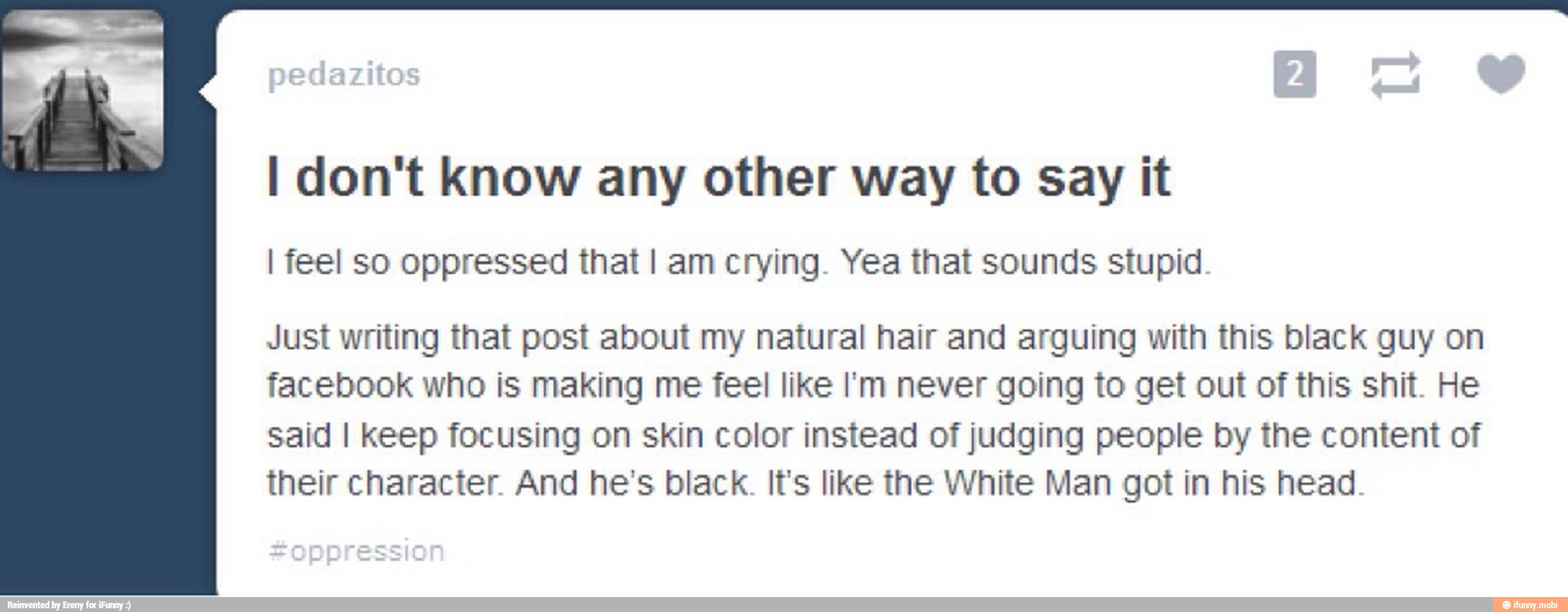 I don't know any other way to Say it
I feel So oppressed that! am crying. Yea that sounds stupid.
Just writing that post about my natural hair and arguing with this black guy on
facebook who is making me feel like I'm never going to get out of this shit. He
said I keep focusing on skin color instead of judging people by the content of
their character. And he's black. It's like the White Man got in his head.