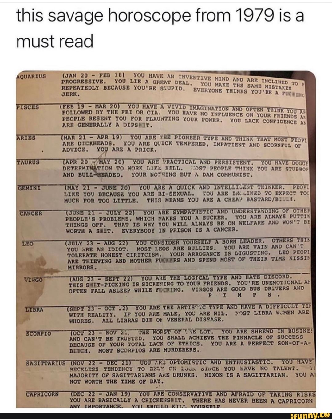 This Savage Horoscope From 1979 Is A Must Read LIB POLLONED OR WOUR RO
