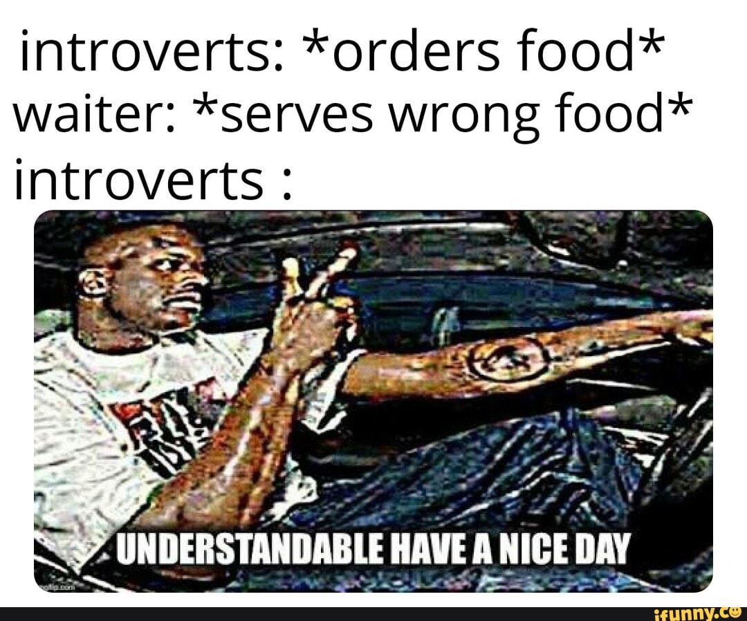 introverts: *orders food*
waiter: *serves wrong food*
introverts e
Oot ad
É
A NICE DAY
RD
3. UNDERSTANDABLE HAVE