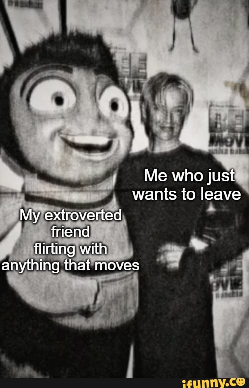 Me who just wants to leave
My extroverted friend flirting with anything that moves