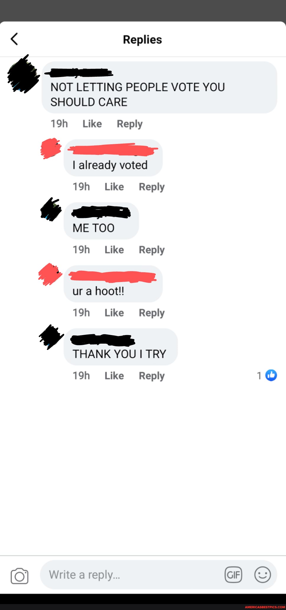 < Replies
NOT LETTING PEOPLE VOTE YOU SHOULD CARE
Like Reply
I already voted
Like Reply
am
ME TOO Like Reply
ur a hoot!!
Like Reply
THANK YOU I TRY Like Reply 10
Write a reply...