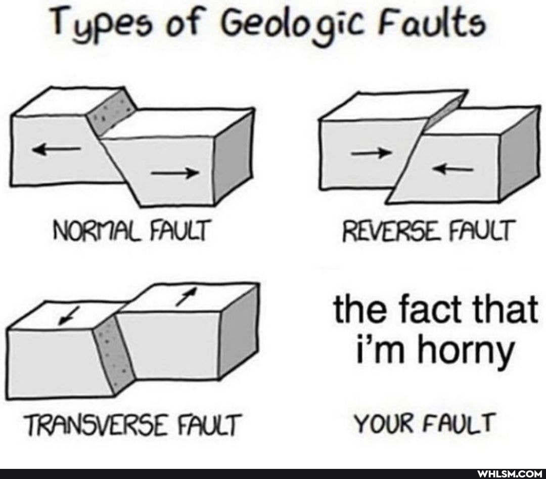 Types of Geologic Faults
NORMAL FAULT REVERSE. FAULT
NORMAL FAULT REVERSE. FAULT
the fact that
i'm horny
TRANSVERSE FAULT YOUR FAULT