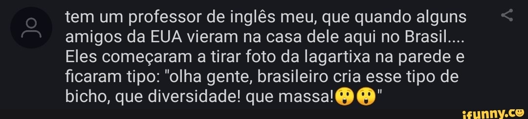 tem um professor de inglês meu, que quando alguns amigos da EUA vieram na casa dele aqui no Brasil...
Eles começaram a tirar foto da lagartixa na parede e ficaram tipo: "olha gente, brasileiro cria esse tipo de bicho, que diversidade! que massa!
