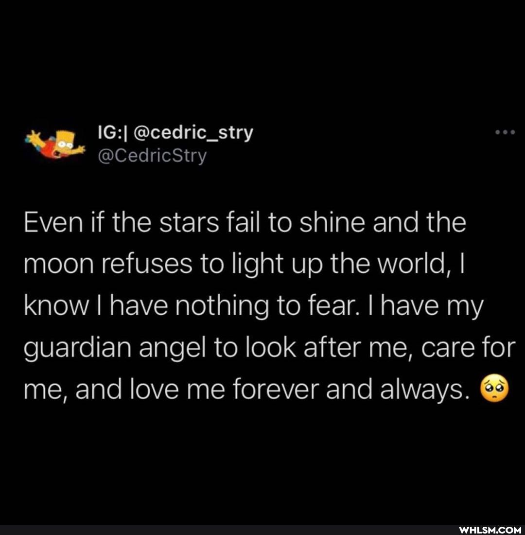Or
Even if the stars fail to shine and the moon refuses to light up the world, I know I have nothing to fear. I have my guardian angel to look after me, care for me, and love me forever and always.