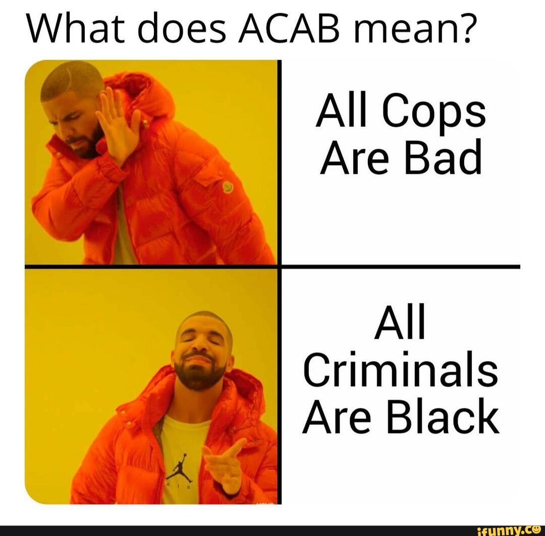 What does ACAB mean?
All Cops
Are Bad
All
Criminals
Are Black