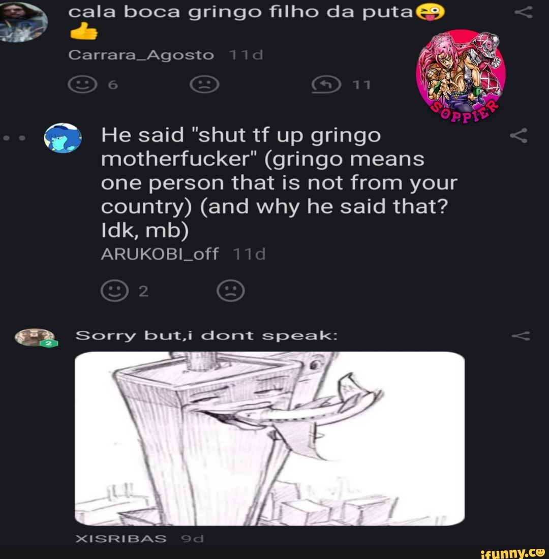 cala boca gringo filho da puta
Carrara Agosto
He said "shut tf up gringo motherfucker" (gringo means one person that is not from your country) (and why he said that?
Idk, mb)
ARUKOBI. off
er, Sorry but, dont speak:
XISRIBAS