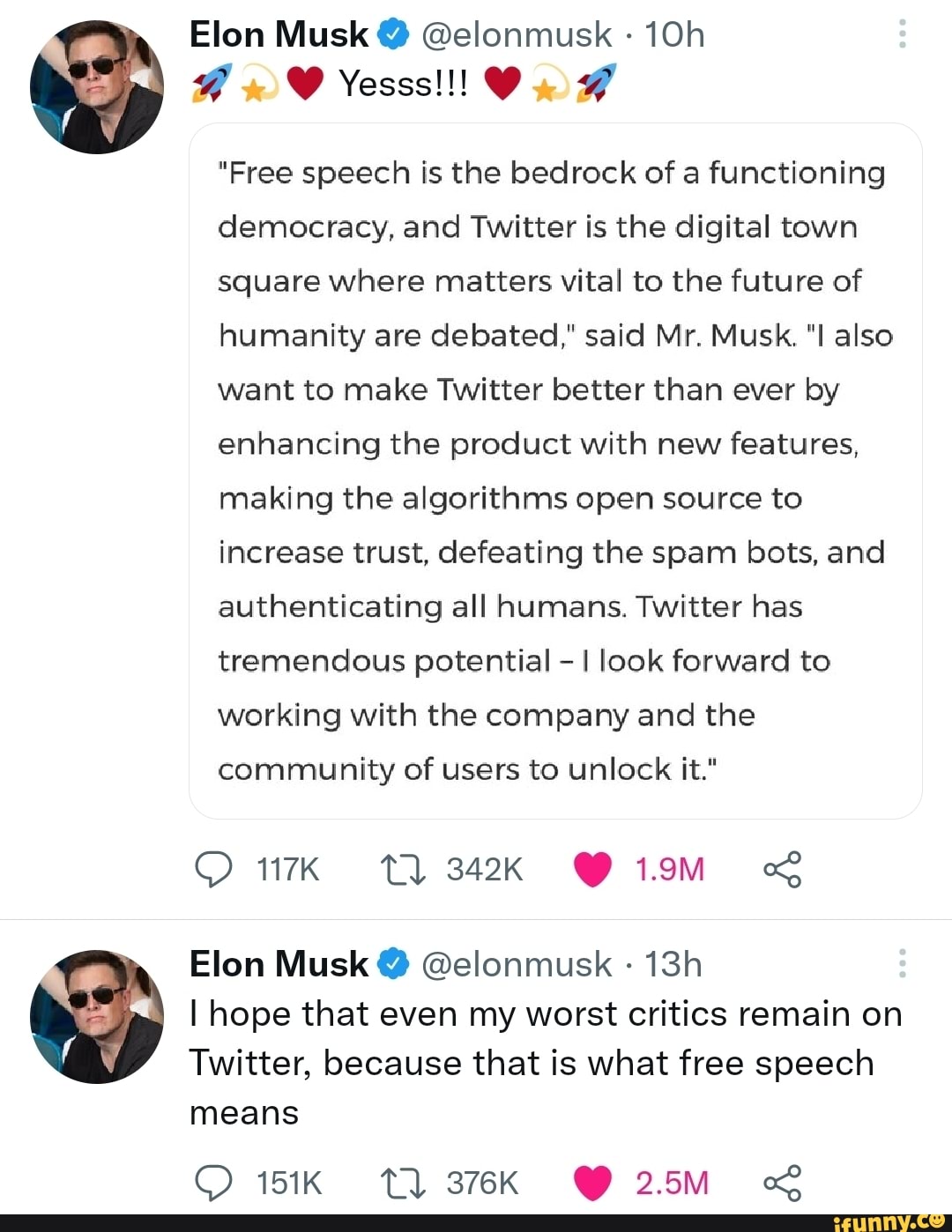 Elon Musk elonmusk Yesss!!! Vf "Free speech is the bedrock of a