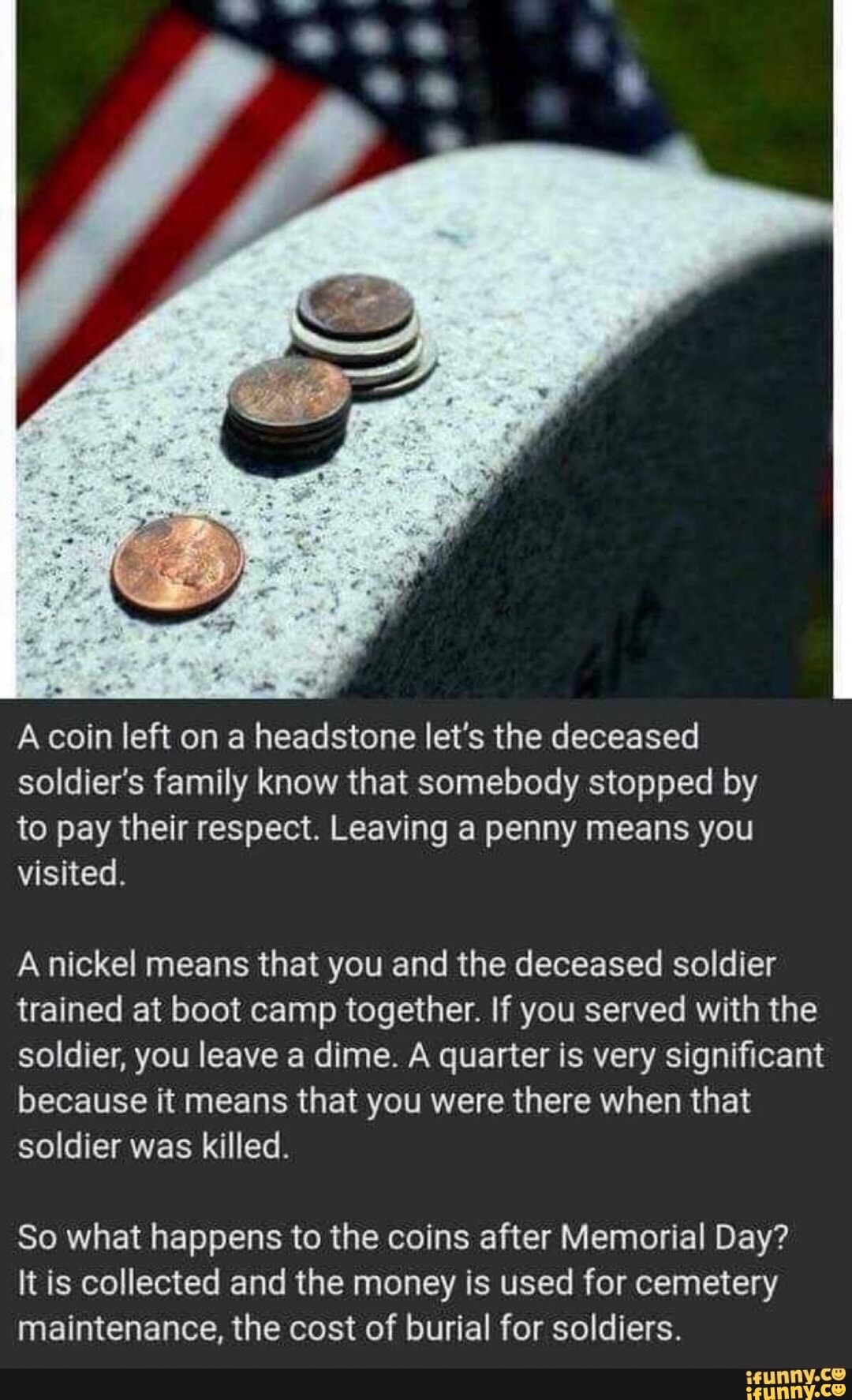 A coin left on a headstone let's the deceased soldier’s family know