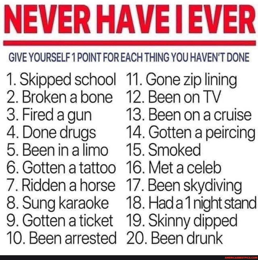NEVER HAVEIEVER
GIVE YOURSELF 1 POINT FOR EACH THING YOU HAVEN'T DONE
1. Skipped school 11. Gone zip lining
2.Brokenabone 12.Beenon TV
3. Fired a gun 13. Been ona cruise
4.Donedrugs 14. Gotten a peircing
5.Beeninalimo 15.Smoked
6. Gottenatattoo 16. Meta celeb
7.Riddenahorse Been skydiving
8. Sung karaoke 18. Hada 1nightstand
9. Gotten aticket 19. Skinny dipped
10. Been arrested 20. Been drunk