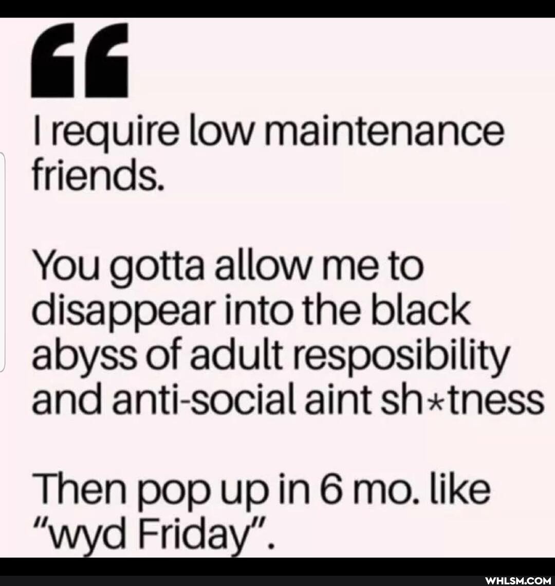 I require low maintenance friends.
You gotta allow me to disappear into the black abyss of adult resposibility and anti-social aint shxtness
Then pop up in 6 mo. like
"wyd Friday".