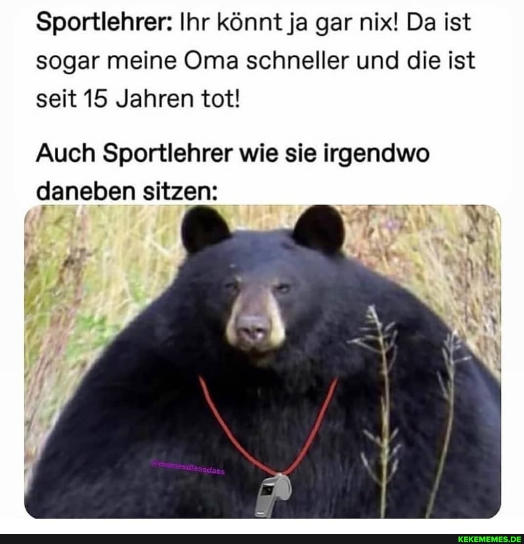 Sportlehrer: Ihr könnt ja gar nix! Da ist sogar meine Oma schneller und die ist seit 15 Jahren tot!
Auch Sportlehrer wie sie irgendwo daneben sitzen: