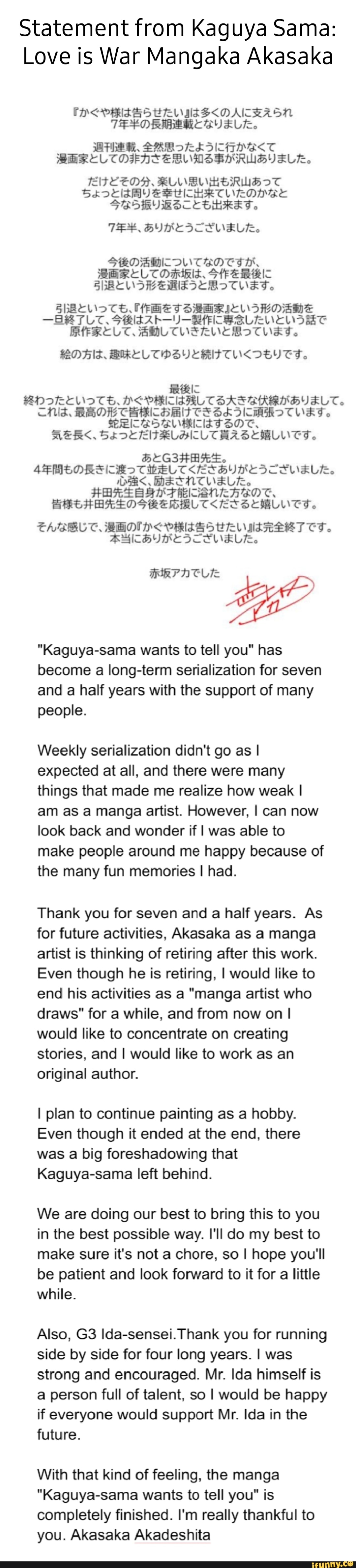 The Author of Kaguya-sama retires as an Illustrator from Manga