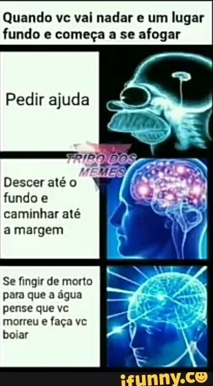 Quando vc vai nadar e um lugar
fundo e começa a se afogar
Pedir ajuda
Descer até o
fundo e
caminhar até
a margem
Se fingir de morto
para que a água
pense que vc
morreu e faça vc