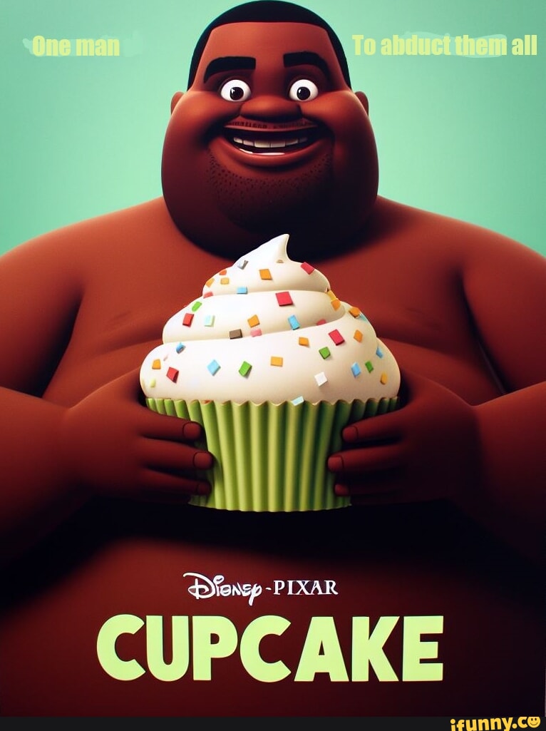 AI Art Generator: Make a Poster for a disney pixar movie named Cupcakes  with a very obese black man (edp445) surrounded by little kids